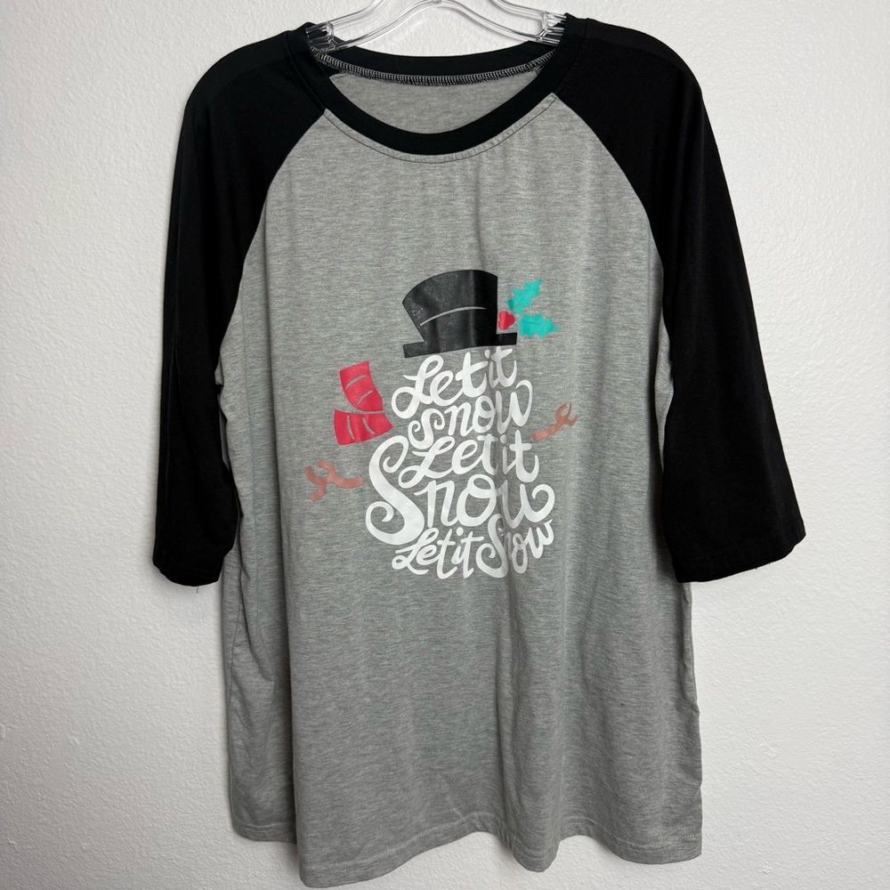 Christmas Holiday Snowman Baseball T-Shirt Grey Black